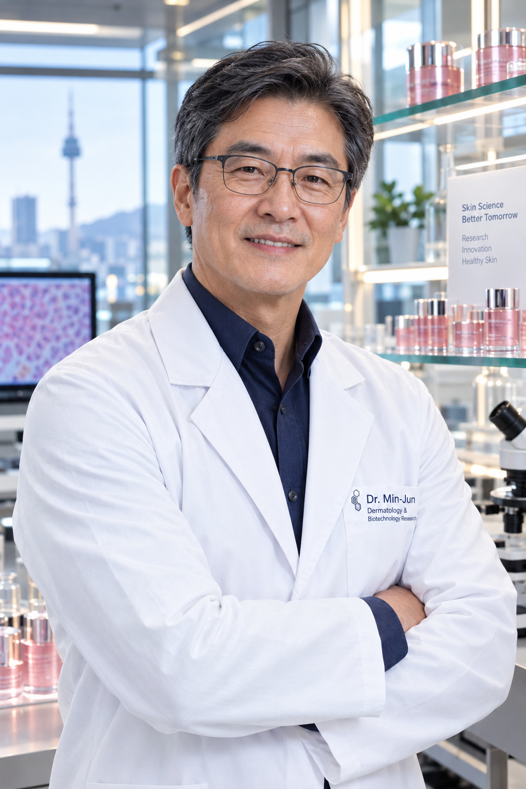 Dr. Min-Jun em seu laboratório de pesquisa dermatológica